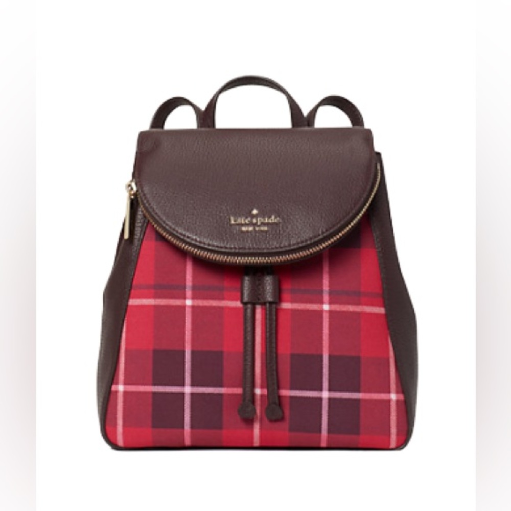 Kate Spade New York Leila Plaid Leather Medium Flap Backpack Bright Rose Multi